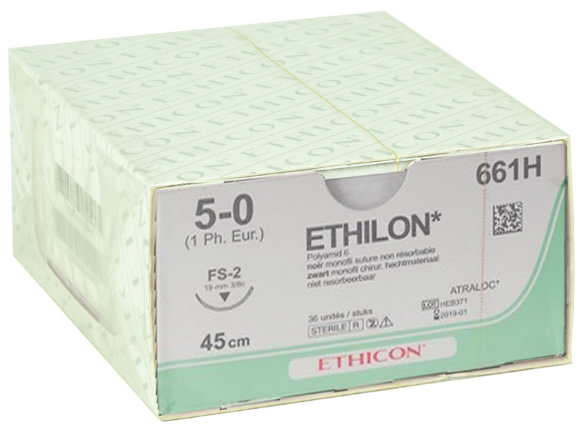 ETHICON ETHILON monofilamenta šuvju diegi.Izmērs 5/0, adata 19 mm