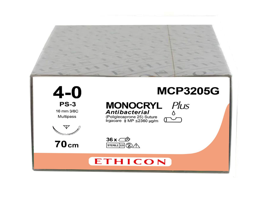 ETHICON MONOCRYL uzsūcošas šuves. Izmērs 4/0, adata 16 mm