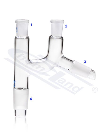 Destilācijas adapteris, Claisen galviņas, konuss kolbai 24/29, konuss kondensatoram 24/29, 2x ligzda 14/23