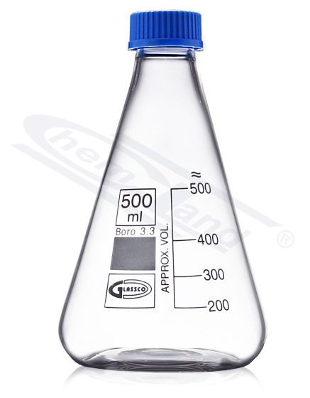 konusveida kolba no stikla ar zilu skrūvējamu vāciņu ar PTFE blīvējumu 0500ml GL32 ASTM E-438