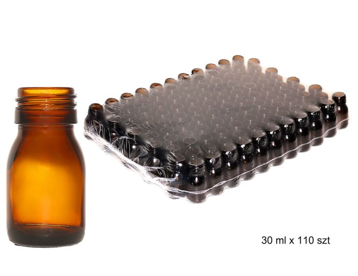 pudele, stikla, farmaceitiska, dzintara krāsas, 0030ml, bez skrūvējama vāciņa, iepakojums=110gab, cena attiecas uz 1 gab.