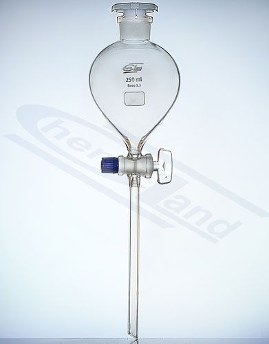 Atdalīšanas piltuve bumbiera formas ar aizbāzni PP, ligzda 19/26 aizbāzni stikla 0250ml