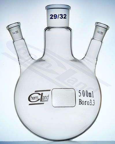 kolba ar apaļu dibenu 3 kakliņi leņķī 00100ml 29/14/14 29/14/14