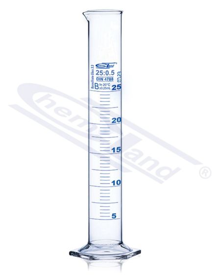 CHEMLAND NEW LINE mērcilindrs Kl B 0025 ml sešstūra stikla pamatne, zila skala